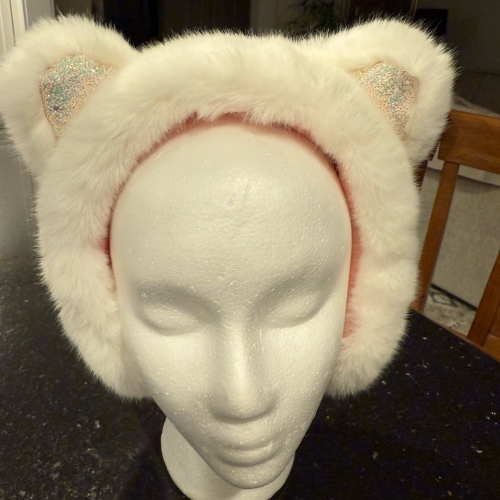 Fluffy White Cat Ear Headband Earmuffs